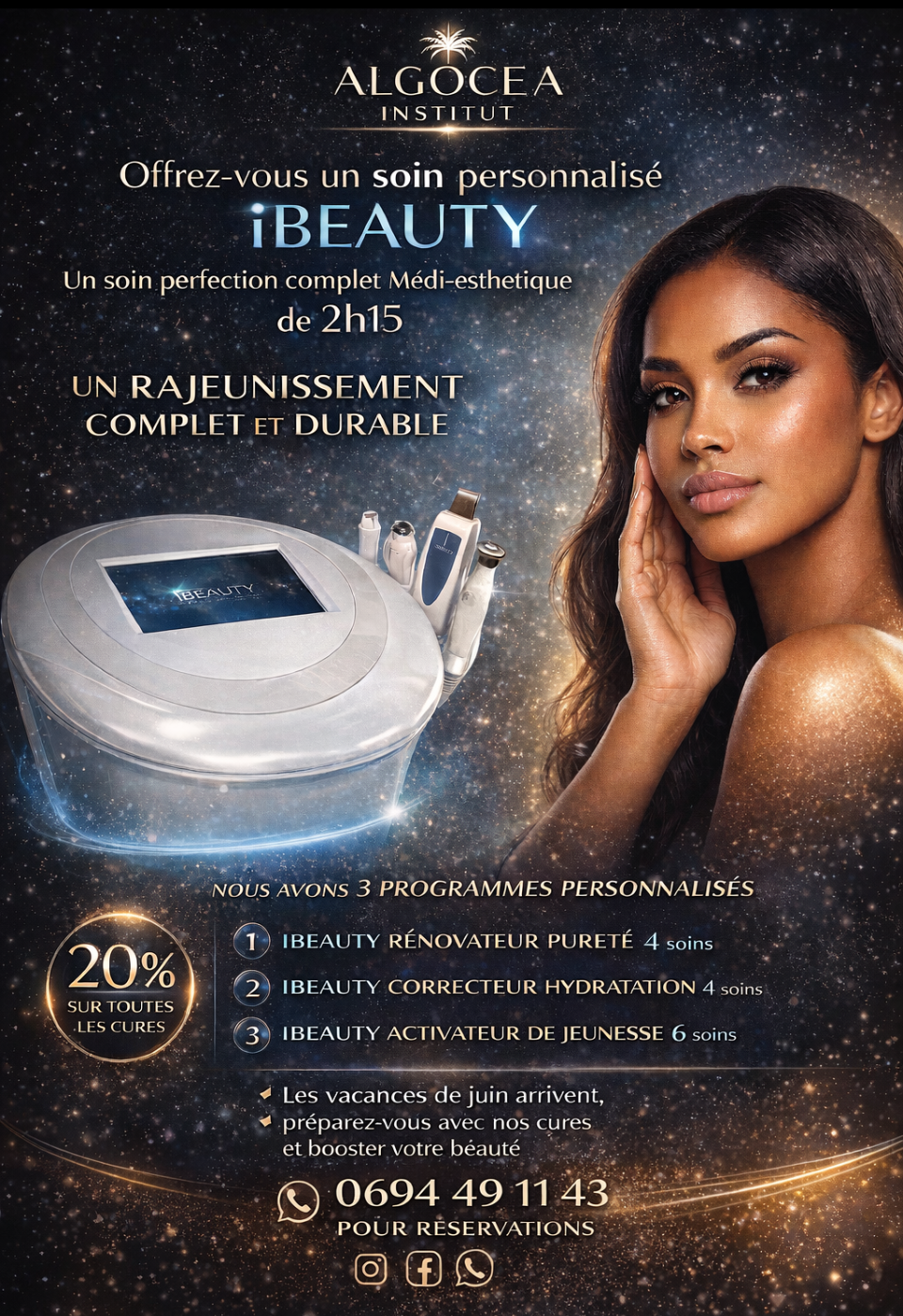 Affiche publicitaire pour l'appareil facial ALCOCHA IBEAUTY avec une femme, fond doré lumineux et texte en français.