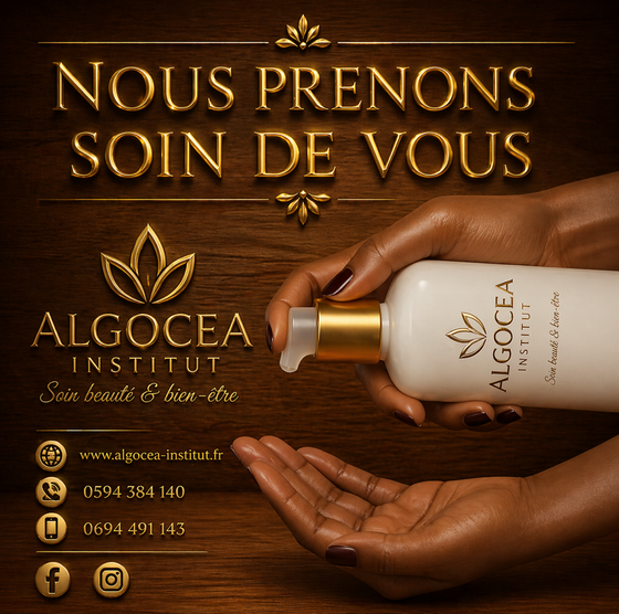 Publicité pour des cosmétiques dorés avec des mains tenant un flacon de lotion et le texte français : « Nous prenons soin de vous. »