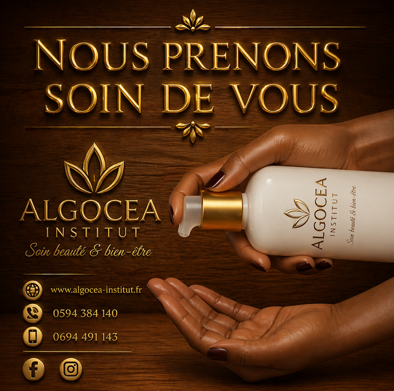 Publicité pour des cosmétiques dorés avec des mains tenant un flacon de lotion et le texte français : « Nous prenons soin de vous. »
