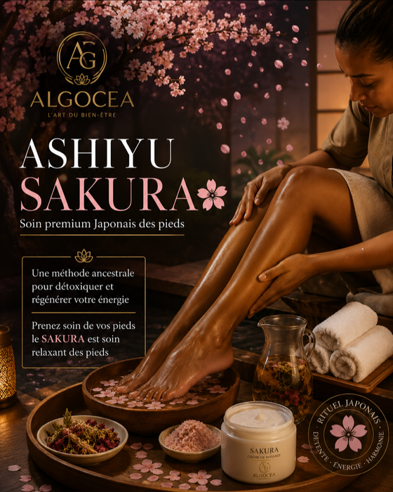 Affiche de spa pour la pédicure japonaise Ashiyu Sakura, avec des pieds trempant dans de l'eau chaude et des fleurs roses.
