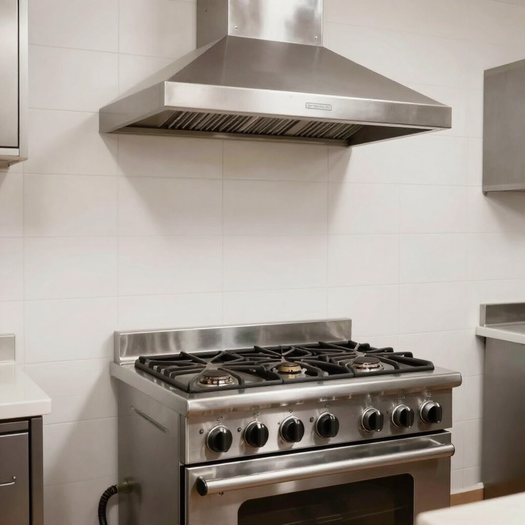 Cocina de gas de acero inoxidable con campana en una cocina luminosa con azulejos blancos