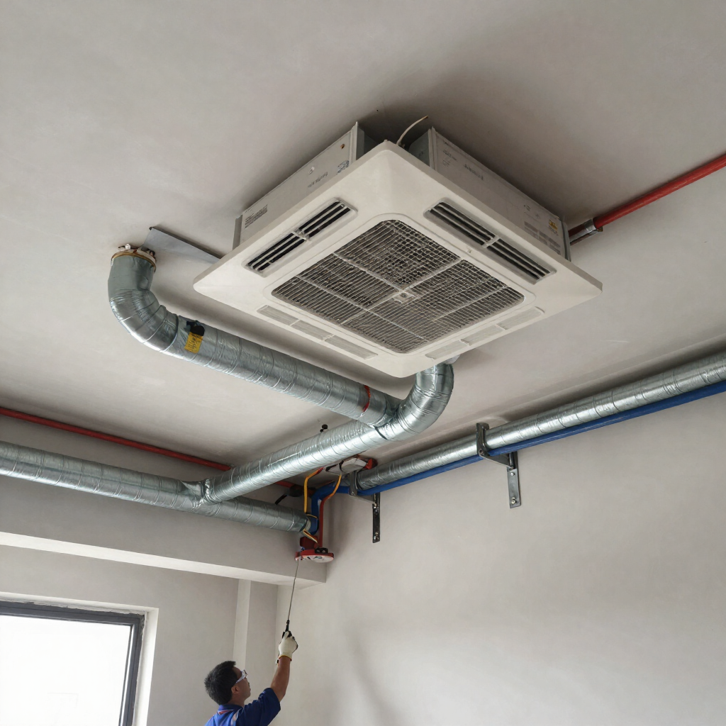 Técnico sosteniendo un filtro de aire cilíndrico, con herramientas y una unidad de aire acondicionado exterior al fondo