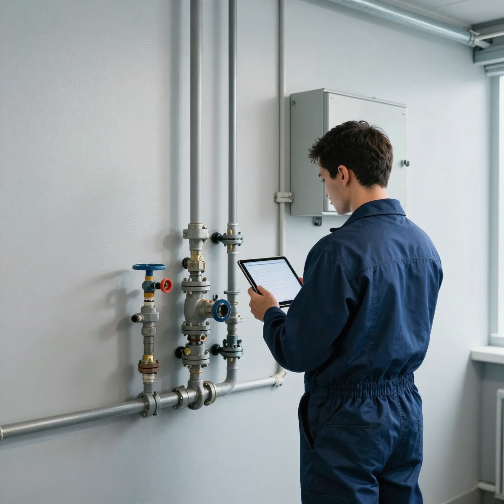 Técnico con overol azul inspeccionando tuberías y válvulas en una pared con una tableta