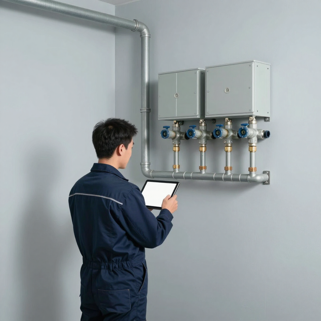 Técnico con un mono azul marino inspeccionando válvulas de servicio montadas en la pared con una tableta en una sala técnica gris