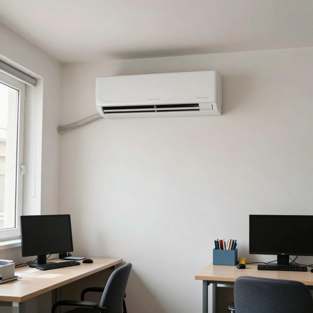 Oficina pequeña con dos escritorios, computadoras y un aire acondicionado de pared sobre una pared vacía.