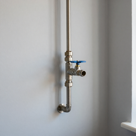 Tubería metálica montada en la pared, con una válvula de mango azul, junto a una pared blanca cerca de una ventana