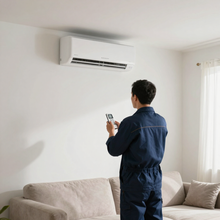 Técnico usando un control remoto para revisar un aire acondicionado de pared en una sala de estar luminosa