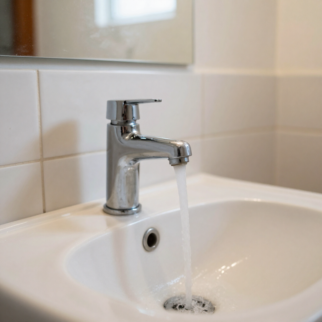Grifo cromado del baño abierto sobre un lavabo blanco