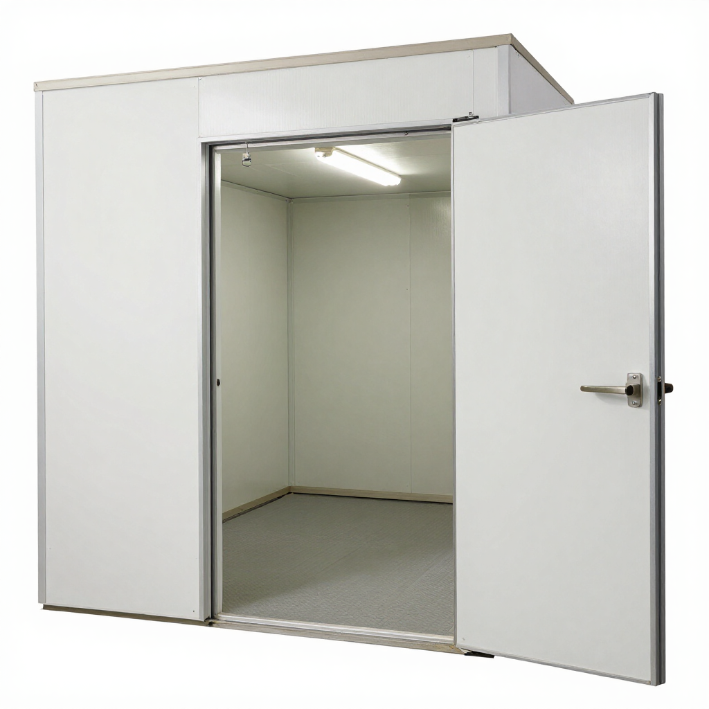 Trastero blanco abierto, con la puerta entreabierta y luz fluorescente en el interior.