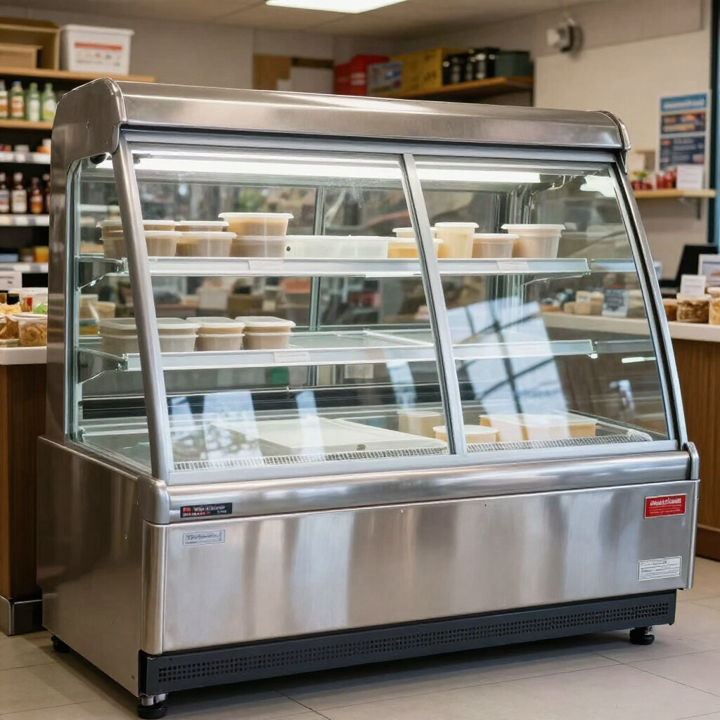Vitrina de acero inoxidable para panadería, con puertas y estantes de cristal, en una tienda