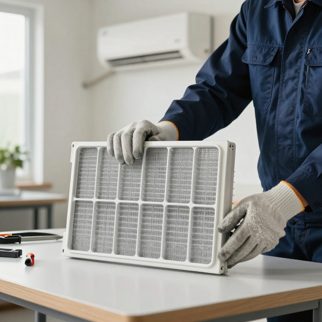Un técnico cambia un filtro de aire acondicionado blanco sobre una mesa en una habitación luminosa