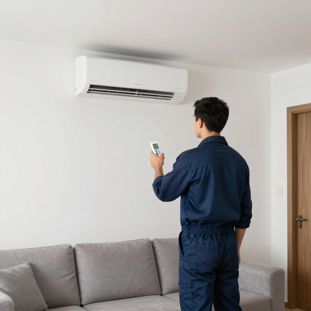 Persona con un mando a distancia, ajustando un aire acondicionado de pared en un salón