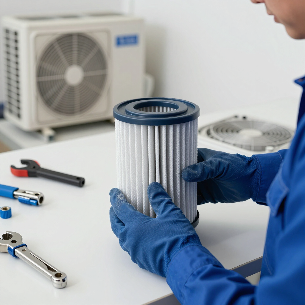 Técnico sosteniendo un filtro de aire cilíndrico, con herramientas y una unidad de aire acondicionado exterior al fondo