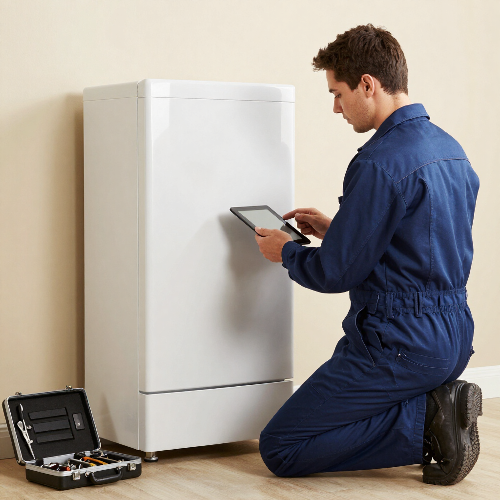 Un técnico está arrodillado junto a un refrigerador blanco, usando una tableta, con un maletín de herramientas abierto cerca.