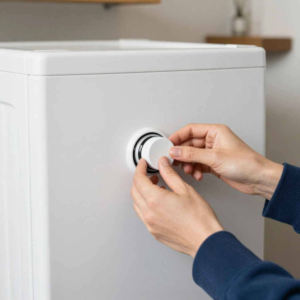 Unas manos girando el selector de un electrodoméstico blanco en una cocina