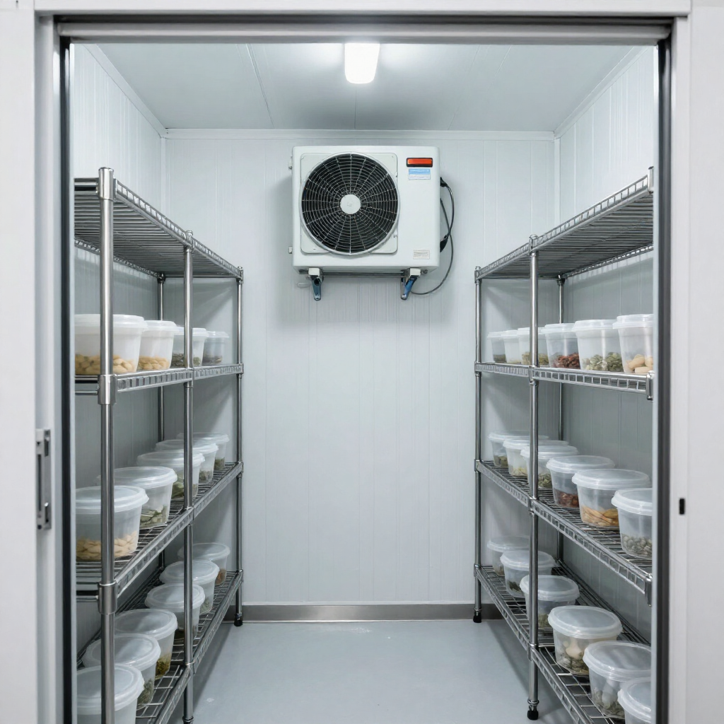 Cámara frigorífica con estantes metálicos que contienen recipientes de alimentos y una unidad de refrigeración montada en la pared
