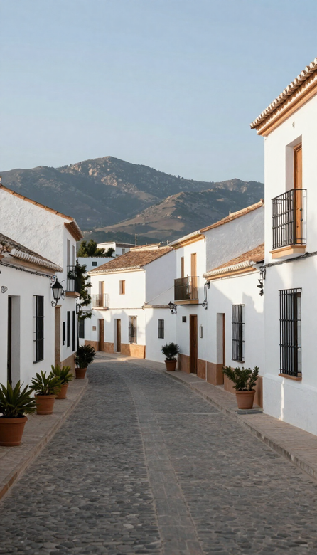 Callejuela estrecha empedrada en un pueblo de casas encaladas, con plantas en macetas y montañas al fondo.