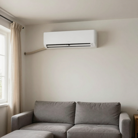 Sala de estar minimalista con un sofá gris debajo de un aire acondicionado de pared y una ventana con cortinas