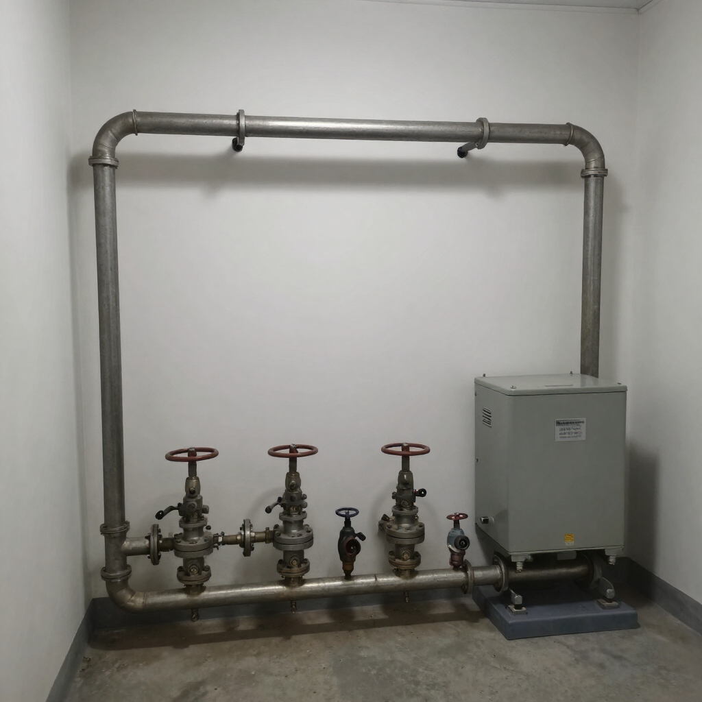 Tuberías industriales y válvulas junto a un armario gris de servicios, apoyado contra una pared blanca.