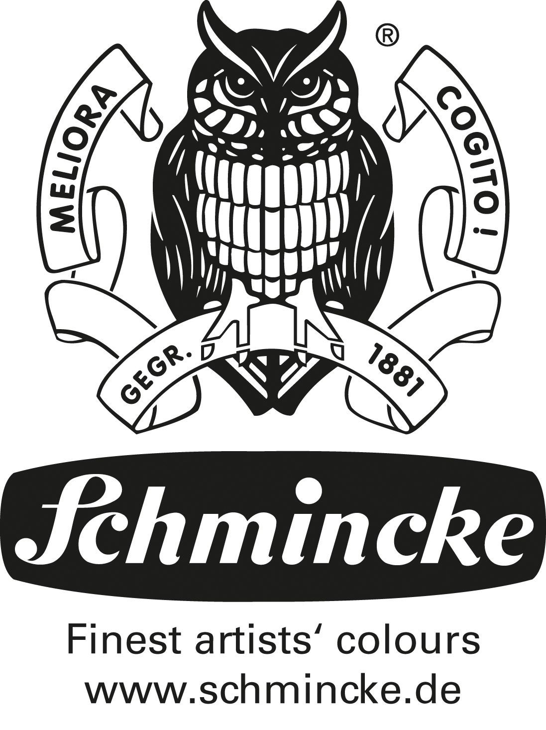 Schmincken logo: musta pöllö, jonka päällä on bannerit, joissa lukee 