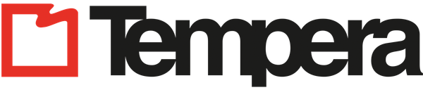 Tempera-logo: punainen neliönmuotoinen grafiikka, jossa on aaltomainen leikkaus oikeassa yläkulmassa mustalla tekstillä kirjoitetun tuotemerkin nimen vieressä.