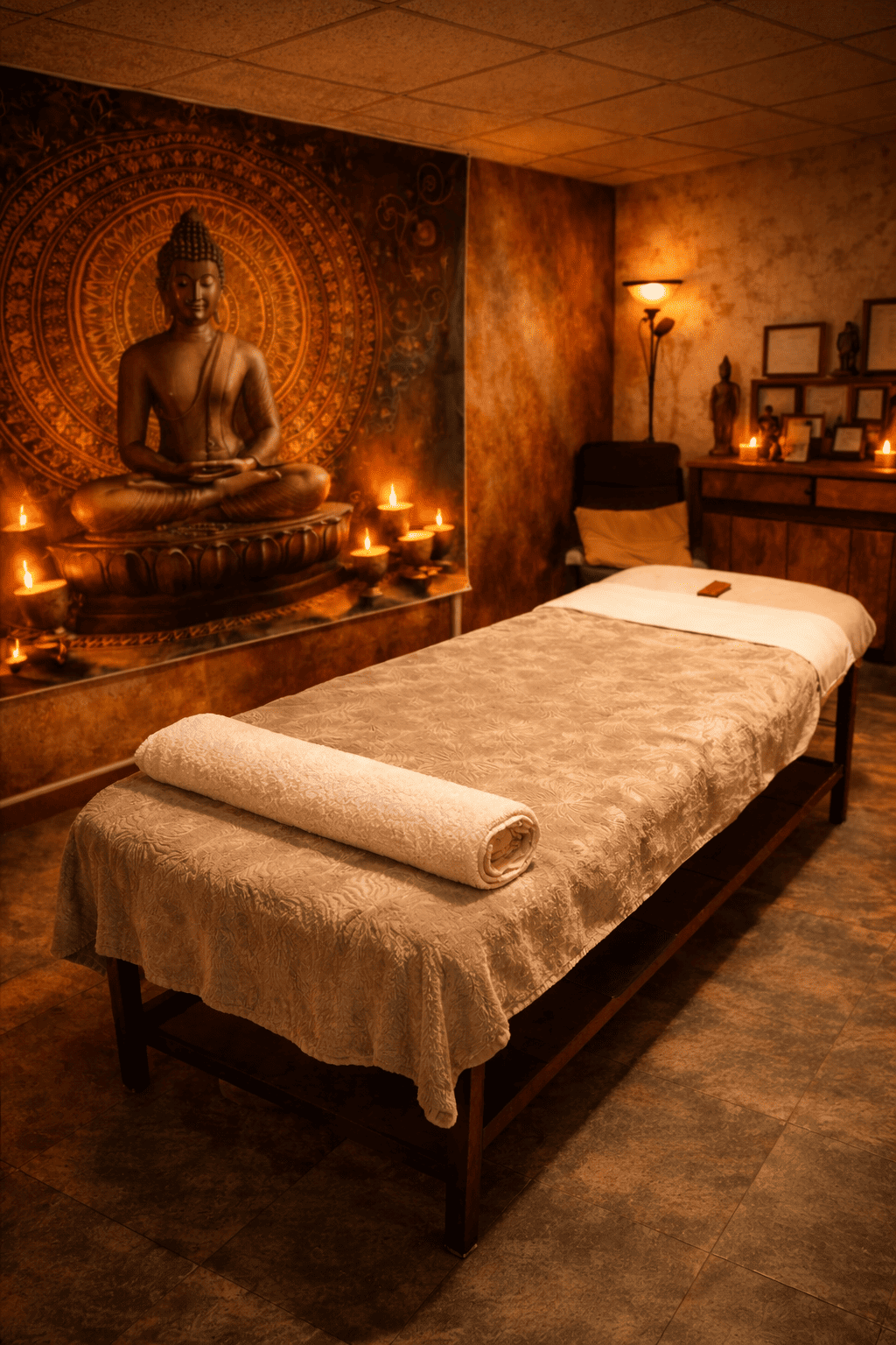 Salle de soins spa chaleureuse avec table de massage, fresque de Bouddha, bougies et éclairage ambré