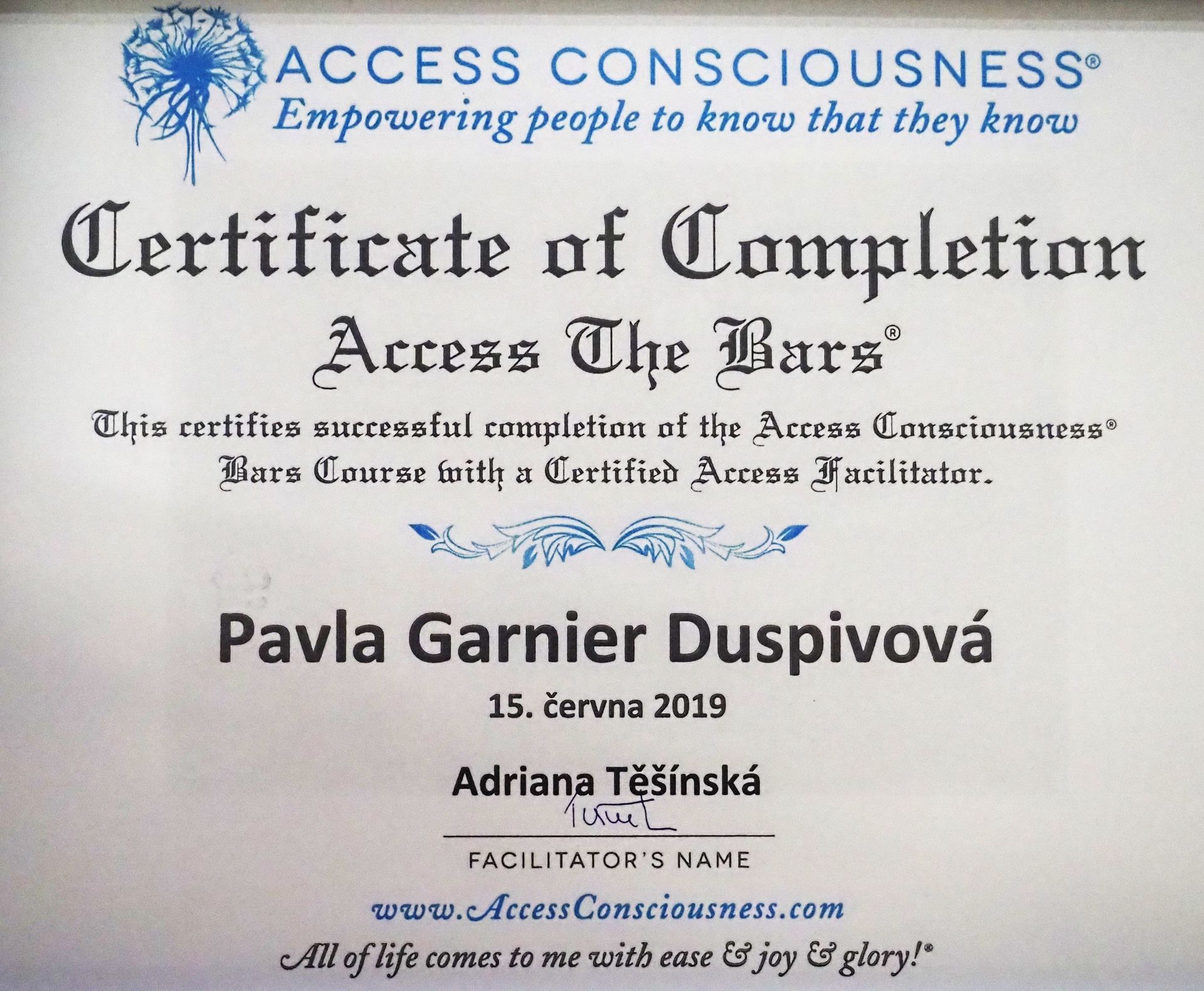Attestation de réussite du programme Access the Bars d'Access Consciousness, avec nom et signatures