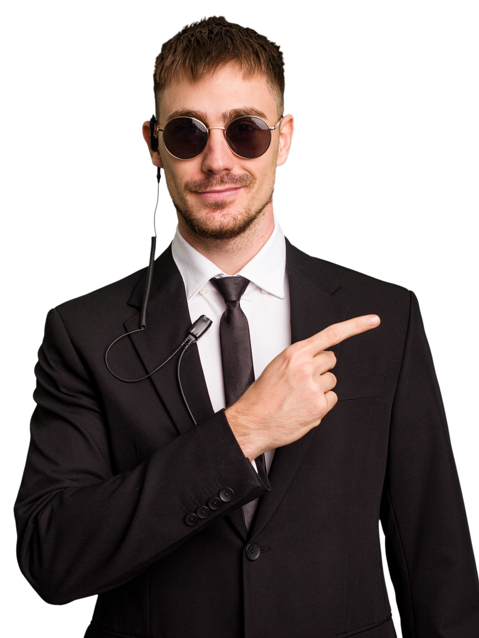 Un agent de sécurité en costume qui montre le texte à droite.