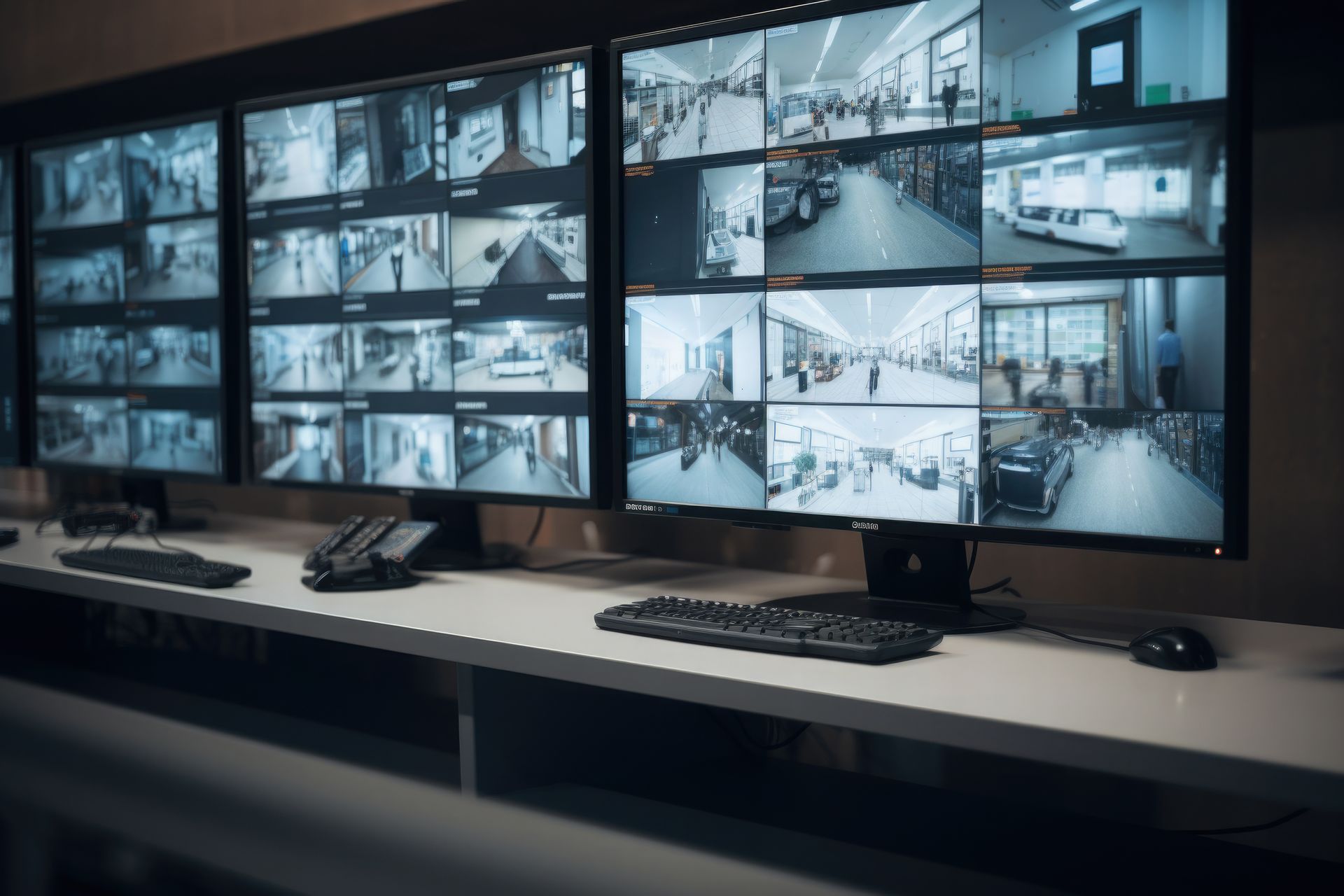 Des écrans diffusent les caméras de télésurveillance dans une entreprise.
