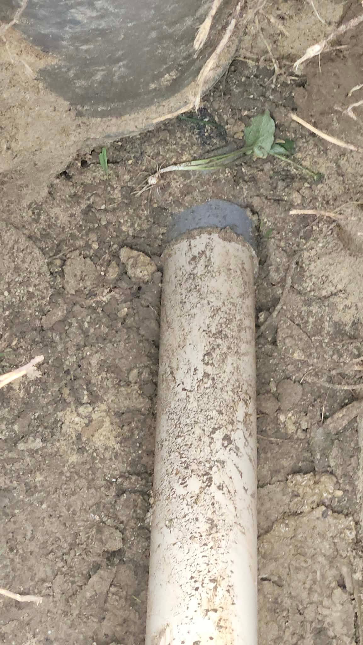 Un tuyau en PVC blanc gît dans la terre sous un rebord en béton, avec un bouchon foncé à une extrémité.