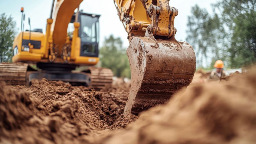 Une excavatrice creuse un sol boueux sur un chantier de construction, avec un gros plan du godet et des chenilles en arrière-plan.