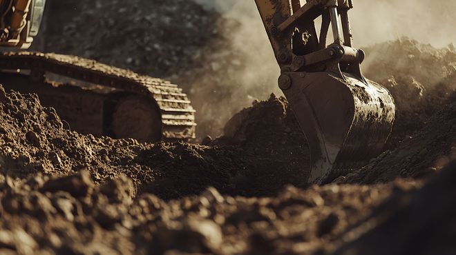 Godet d'excavatrice creusant dans un sol boueux sur un chantier de construction.
