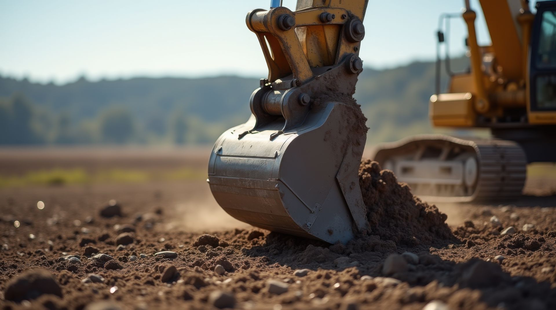 Godet d'excavatrice creusant dans un sol sec sur un chantier de construction, entouré de terre.