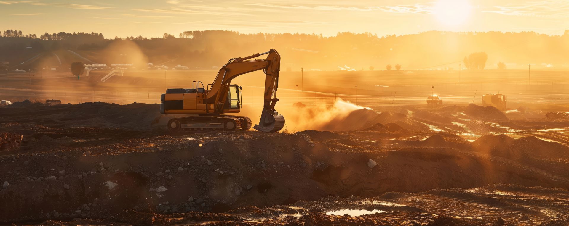 Une excavatrice se découpe en silhouette sur un chantier poussiéreux, baigné par la douce lumière du lever du soleil.