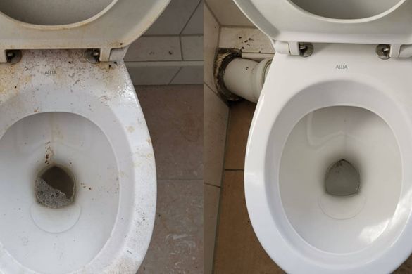 Vorher- / Nachher-Fotos einer Toilette, die von Niro Reinigung gereinigt wurde