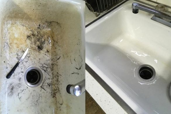 Vorher- / Nachher-Fotos eines Waschbeckens, das von Niro Reinigung gereinigt wurde