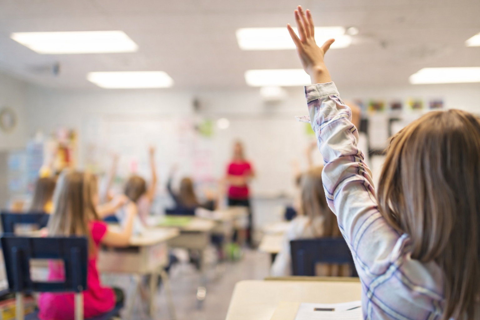 Klassenzimmer mit Tischen, Kunstwerken, Fenstern und Pflanzen. Heller, luftiger Raum in neutralen Farbtönen.