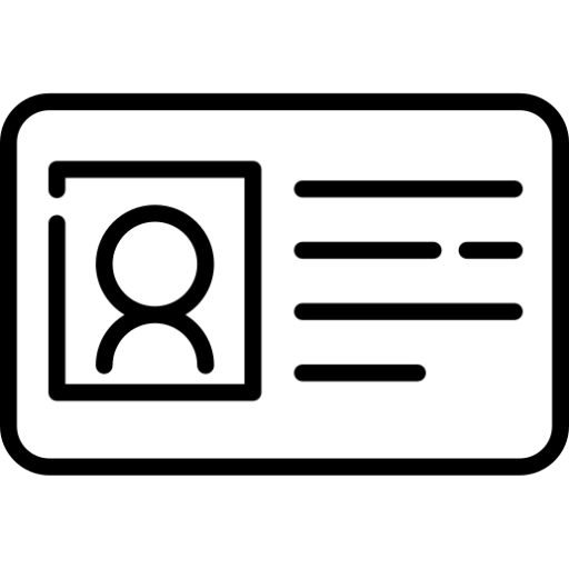 Un icono en blanco y negro de una tarjeta de identificación con la foto de una persona en ella.