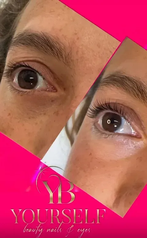 Una foto de antes y después de las pestañas de una mujer.