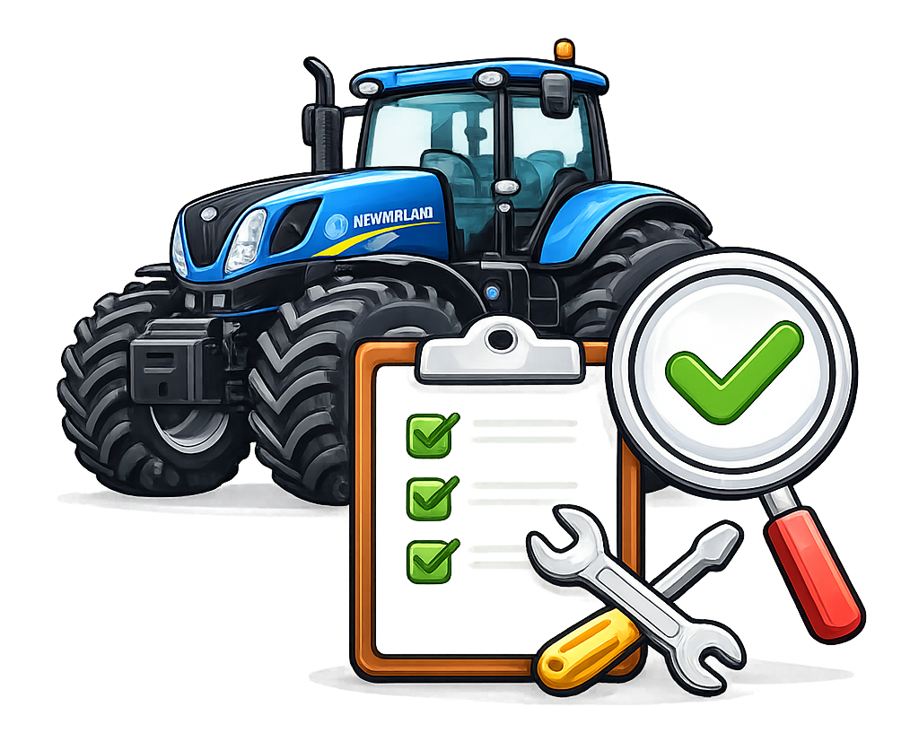 Ein hoher, orangefarbener, an einem Traktor montierter Rasenmäher in einer Werkstatt, im Hintergrund ein blauer Traktor.