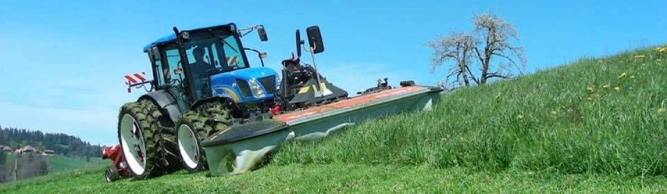 Ein blauer Traktor mäht unter klarem, blauem Himmel einen grünen Grashang.