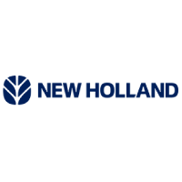 New Holland Logo: dunkelblaues Blattemblem und Firmenname auf weissem Grund.