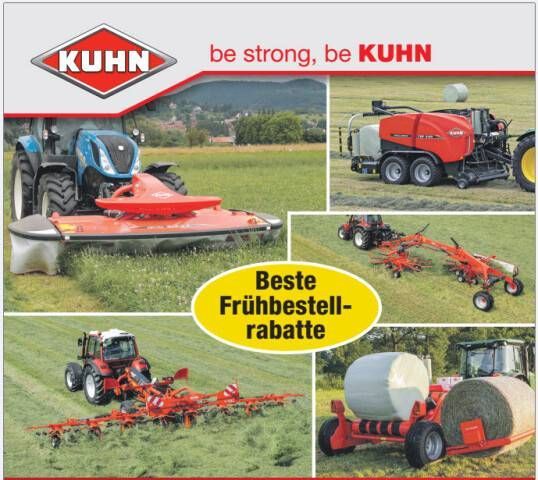 KUHN Landwirtschaftsgeräte: Traktor, Mähwerk, Ballenpresse, Wender und Wickelmaschine, mit dem Aufdruck „Bester Frühbestellrabatt“.