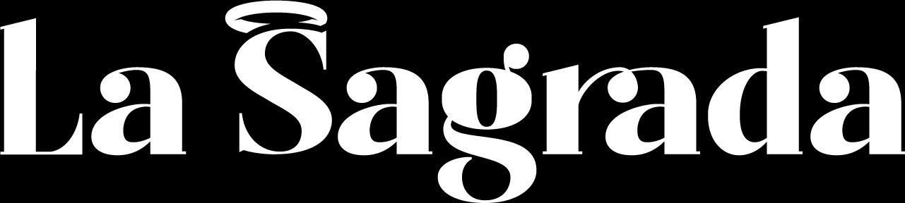 "La Sagrada" en tipografía blanca ornamentada sobre fondo negro.