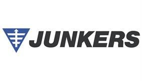 Ein Junkers-Logo mit einem blauen Dreieck auf weißem Hintergrund.