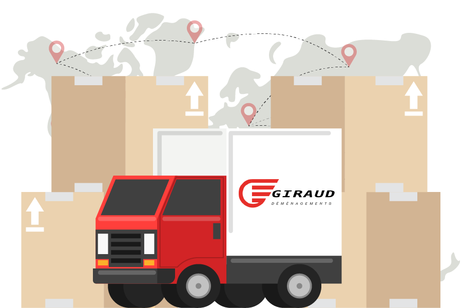 Illustration d'un camion de déménagement et d'une carte du monde