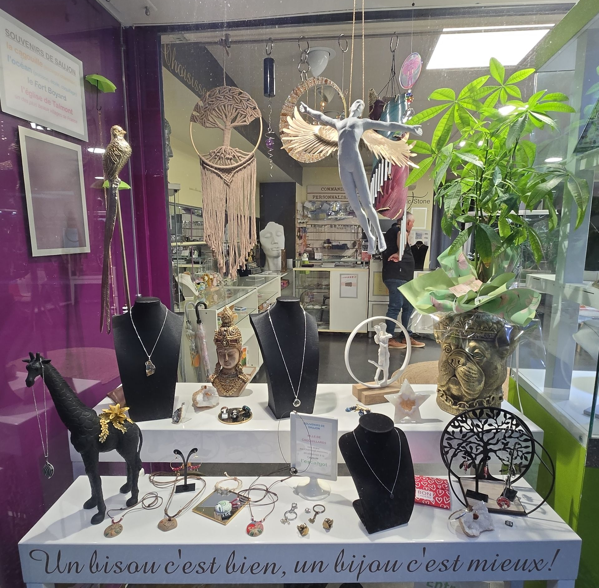 Vitrine d'une bijouterie présentant des colliers, des boucles d'oreilles, des bracelets et une plante en pot.