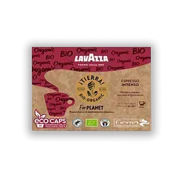 Una caja de cápsulas de café lavazza bio organic espresso intenso.