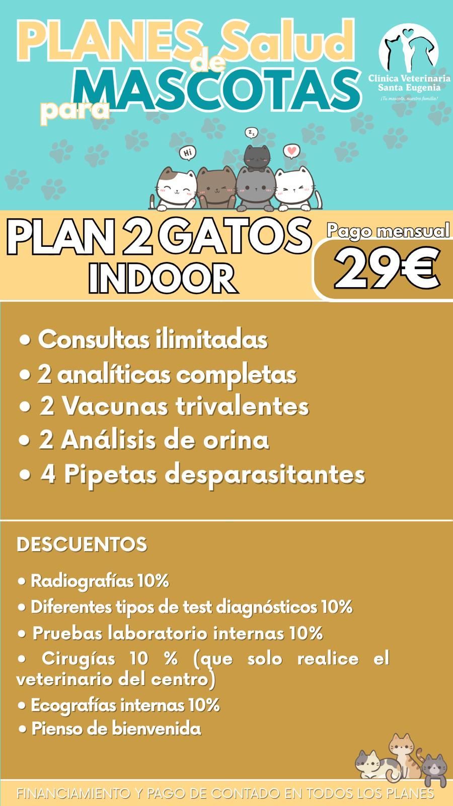 Anuncio de plan de salud para mascotas “Plan 2 Gatos Indoor” con ilustraciones de gatos, listado de servicios por 29€