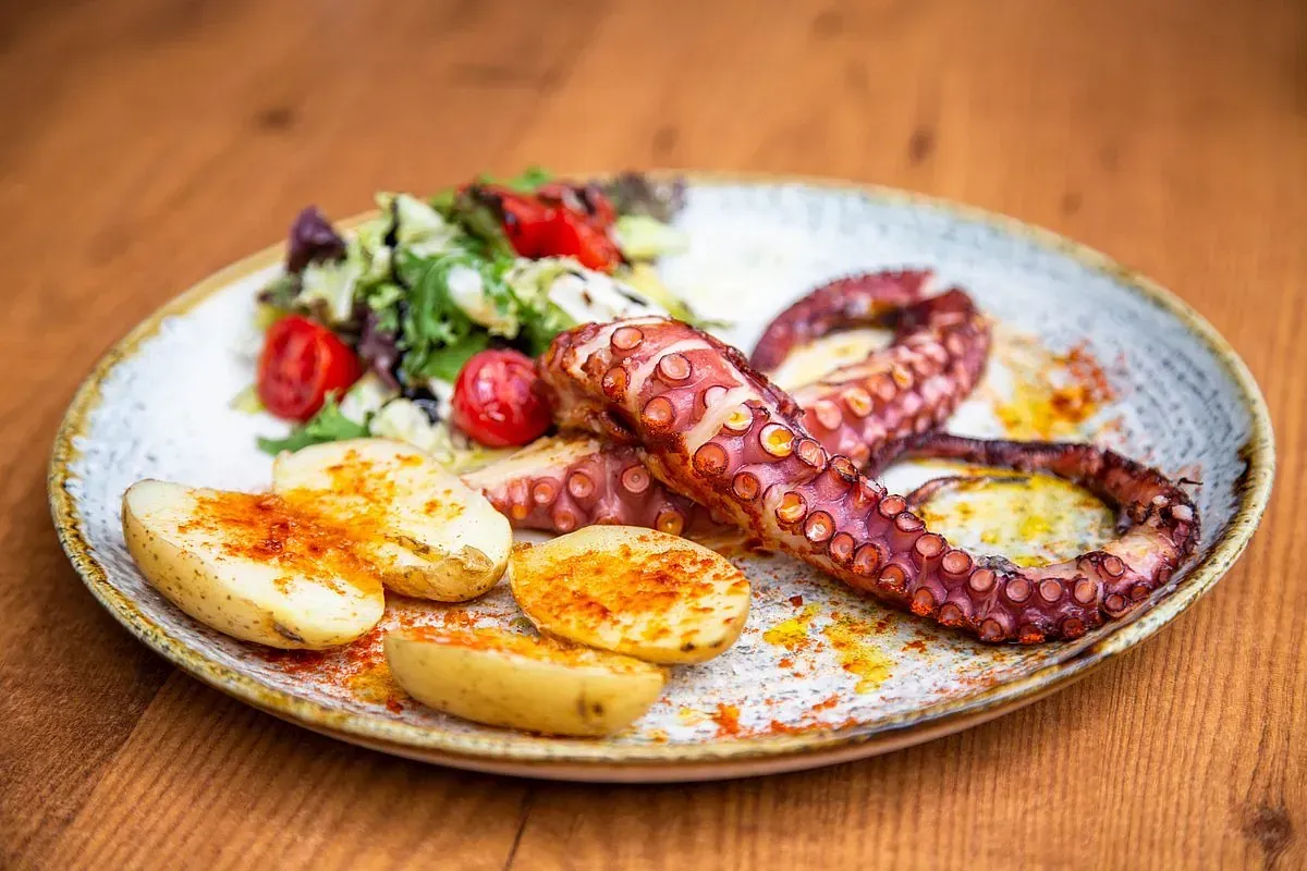 Pulpo a la plancha con patatas y ensalada en un plato.
